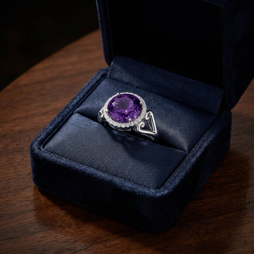 Amethyst And Diamond Halo Ring In 14k White Gold — gift presentation
