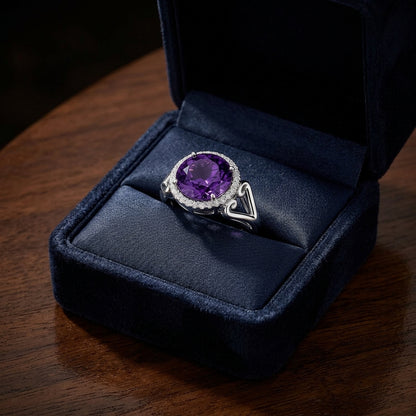 Amethyst And Diamond Halo Ring In 14k White Gold — gift presentation