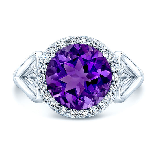 Amethyst And Diamond Halo Ring In 14k White Gold