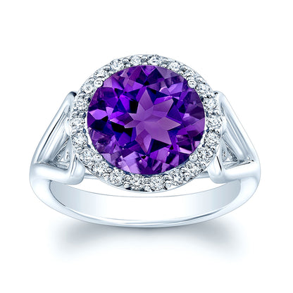 Amethyst And Diamond Halo Ring In 14k White Gold