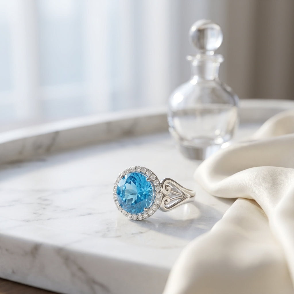 Blue Topaz And Diamond Halo Ring In 14k White Gold — atelier still life