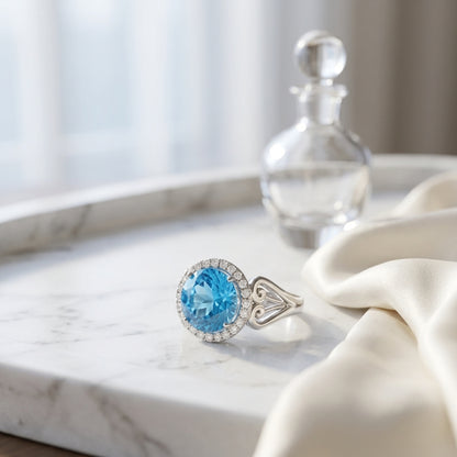 Blue Topaz And Diamond Halo Ring In 14k White Gold — atelier still life