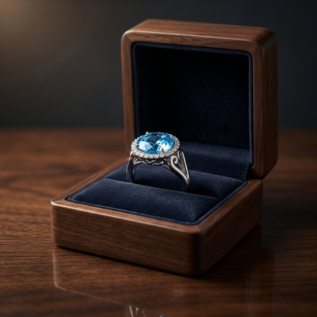 Blue Topaz And Diamond Halo Ring In 14k White Gold — gift presentation