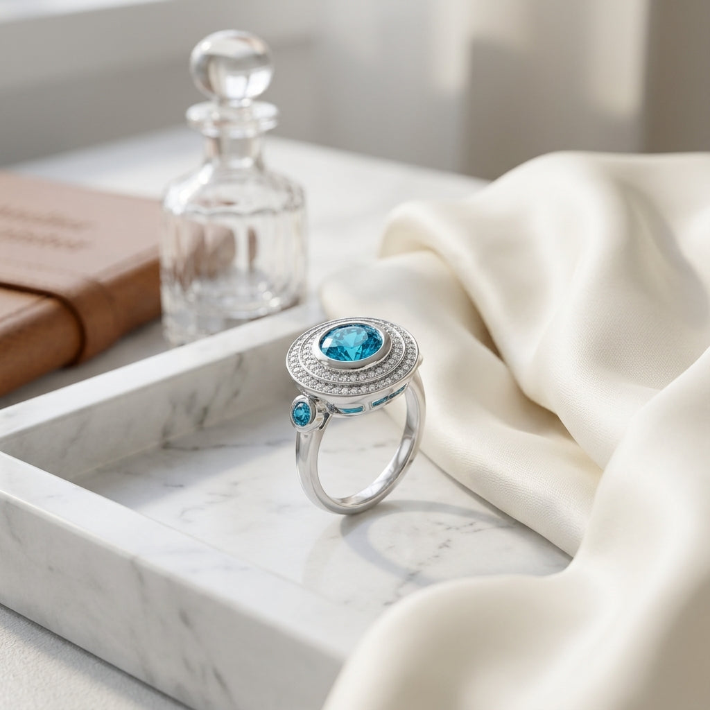 Blue Topaz And Diamond Circle Bezel Ring In 14k White Gold — atelier still life