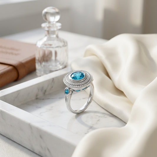 Blue Topaz And Diamond Circle Bezel Ring In 14k White Gold — atelier still life