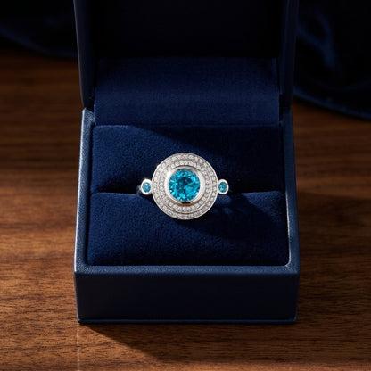 Blue Topaz And Diamond Circle Bezel Ring In 14k White Gold — gift presentation