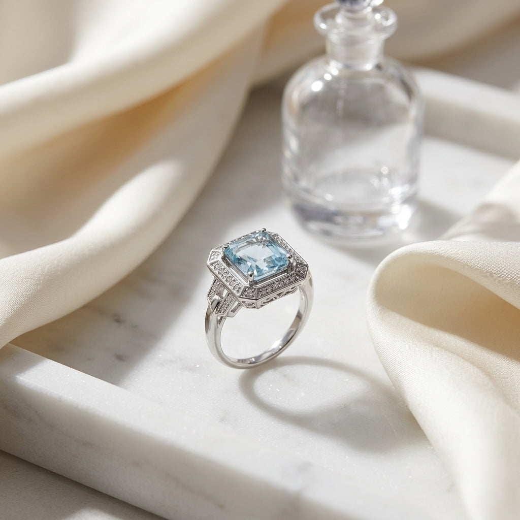 Asscher Cut Blue Topaz & Diamond Art Deco Halo Ring In 14k White Gold — atelier still life
