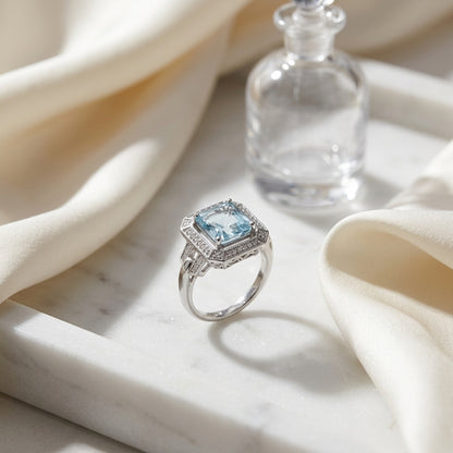 Asscher Cut Blue Topaz & Diamond Art Deco Halo Ring In 14k White Gold — atelier still life
