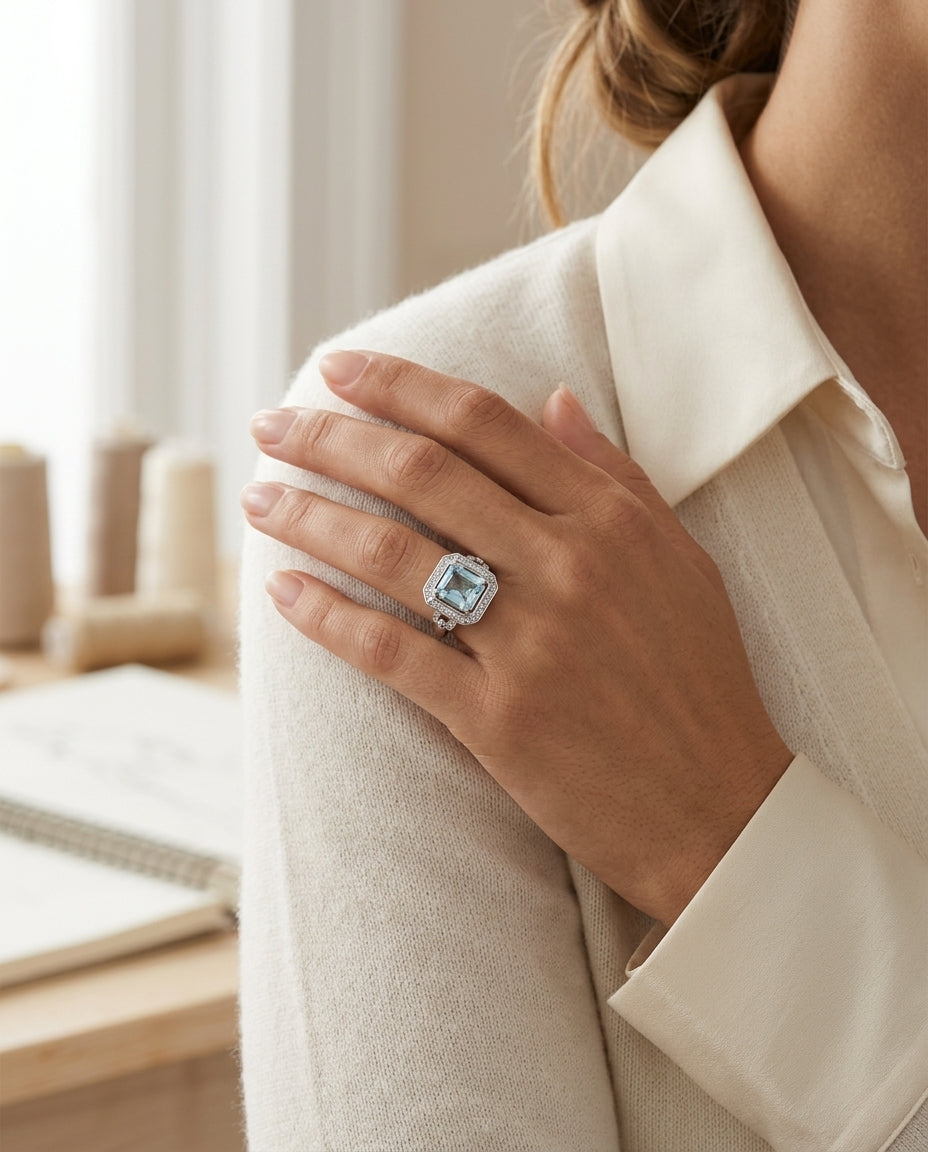 Asscher Cut Blue Topaz & Diamond Art Deco Halo Ring In 14k White Gold — editorial close-up