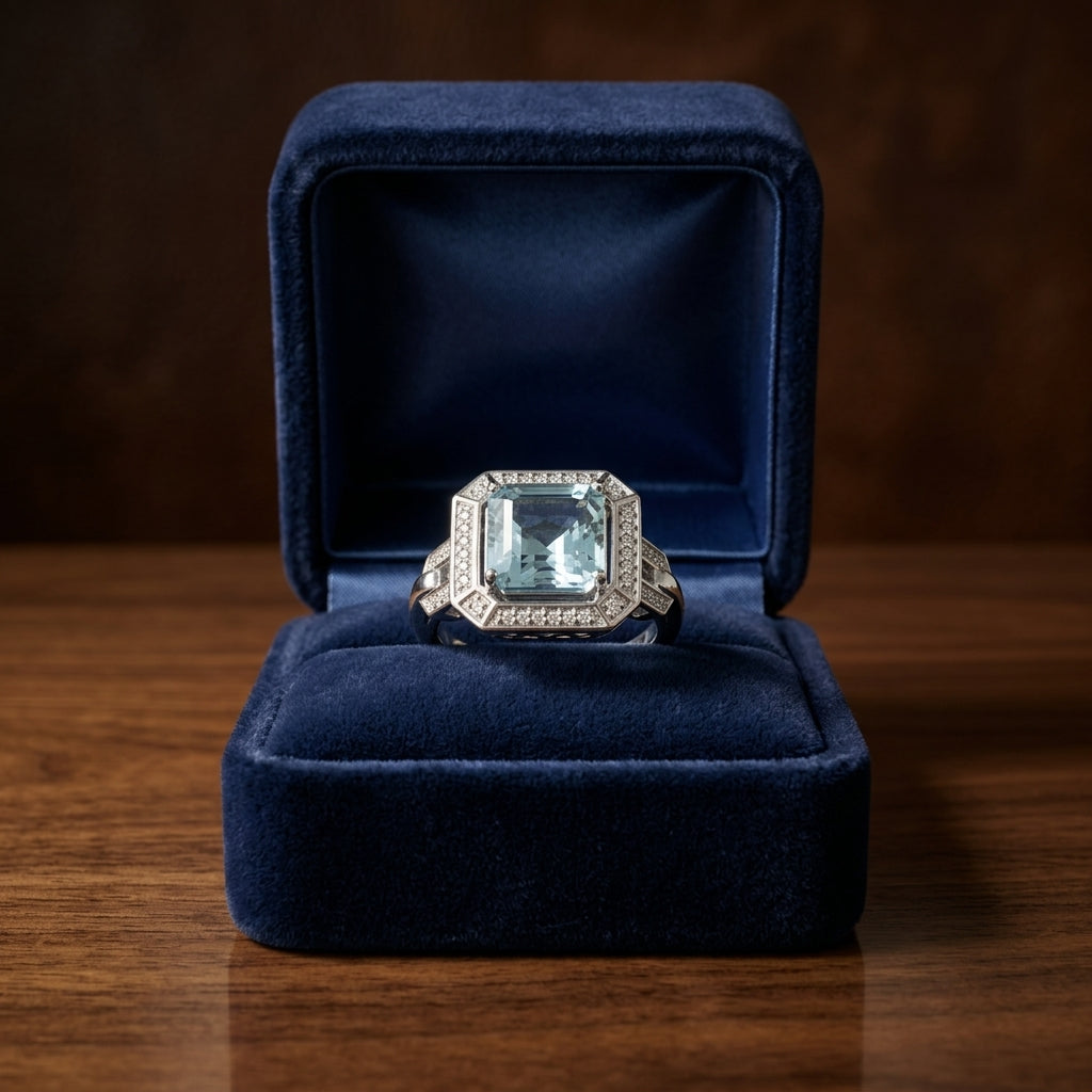 Asscher Cut Blue Topaz & Diamond Art Deco Halo Ring In 14k White Gold — gift presentation