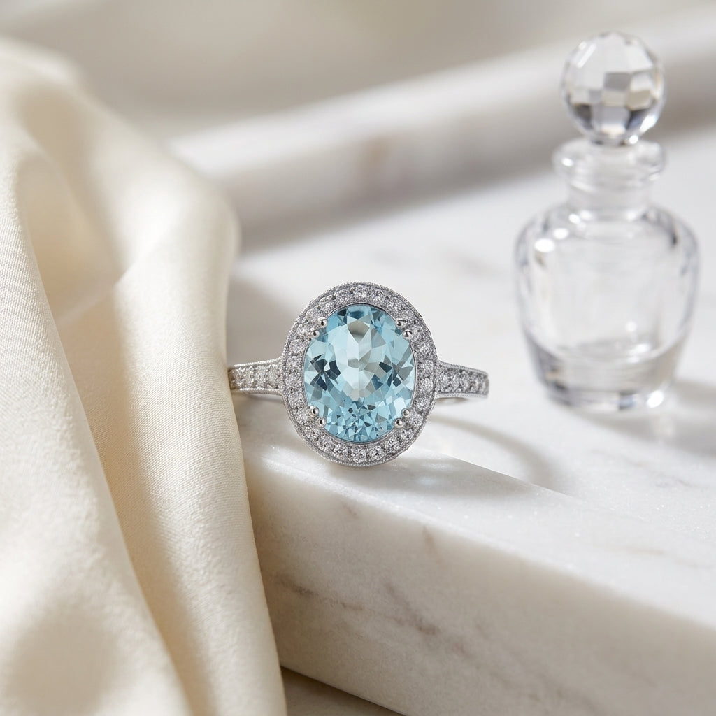 Aquamarine And Diamond Oval Halo Ring In 14k White Gold — atelier still life