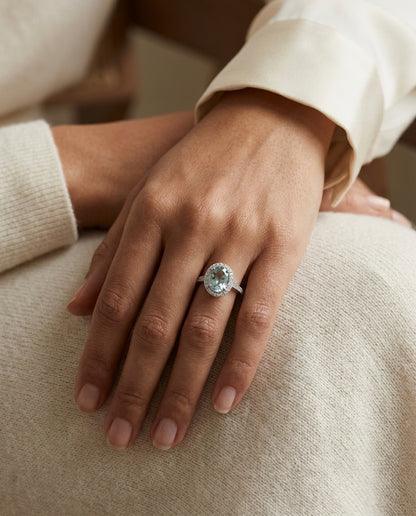 Aquamarine And Diamond Oval Halo Ring In 14k White Gold — editorial close-up