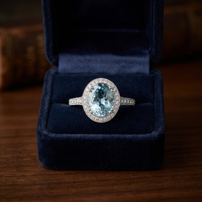 Aquamarine And Diamond Oval Halo Ring In 14k White Gold — gift presentation