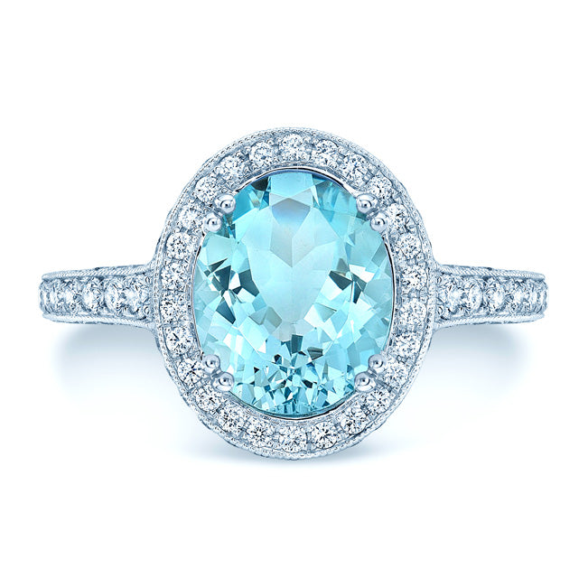 Aquamarine And Diamond Oval Halo Ring In 14k White Gold