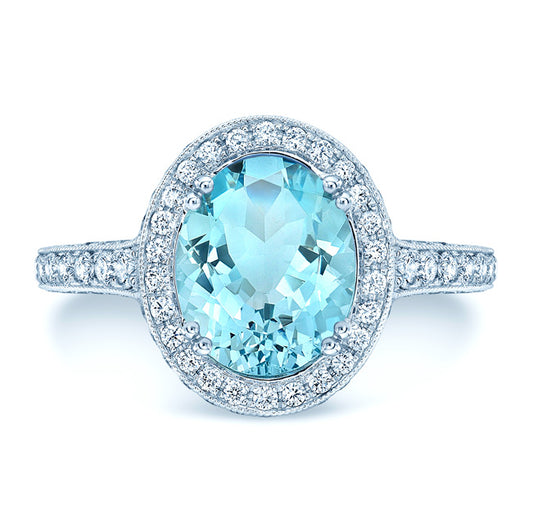 Aquamarine And Diamond Oval Halo Ring In 14k White Gold