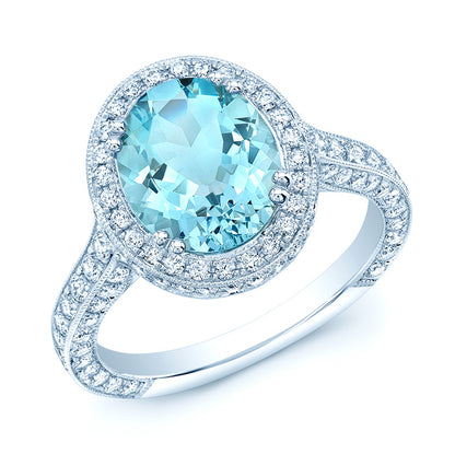 Aquamarine And Diamond Oval Halo Ring In 14k White Gold