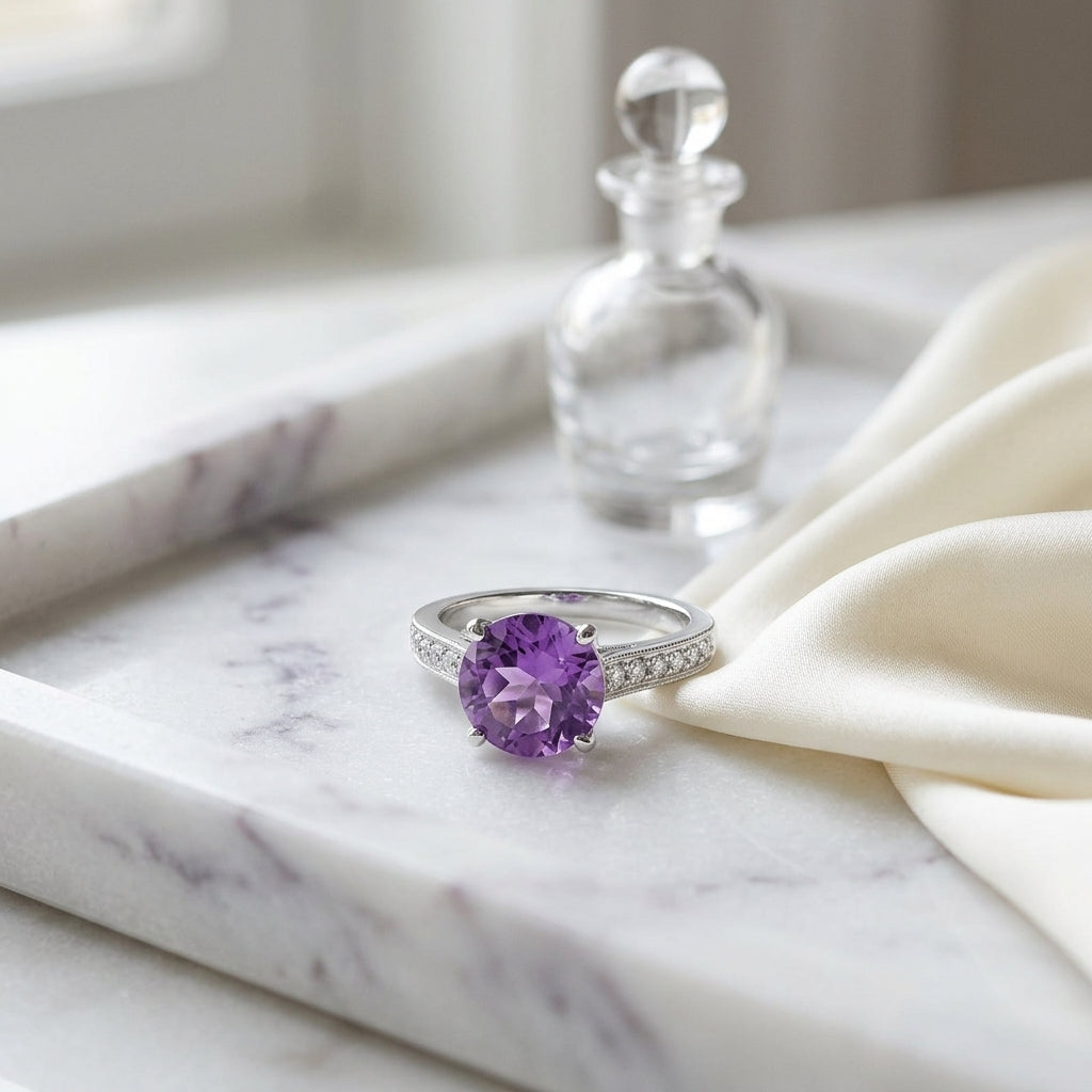 Amethyst Solitaire And Diamond Ring In 14k White Gold — atelier still life