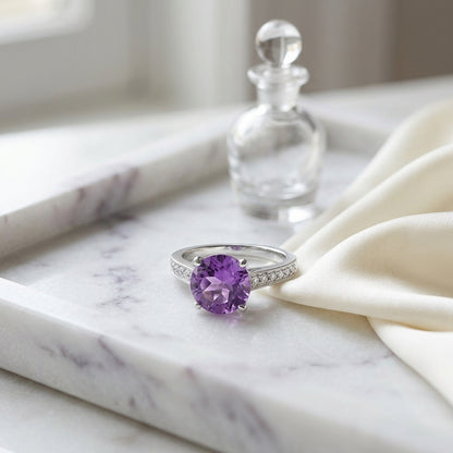 Amethyst Solitaire And Diamond Ring In 14k White Gold — atelier still life
