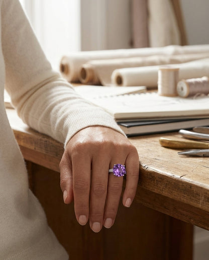 Amethyst Solitaire And Diamond Ring In 14k White Gold — editorial close-up