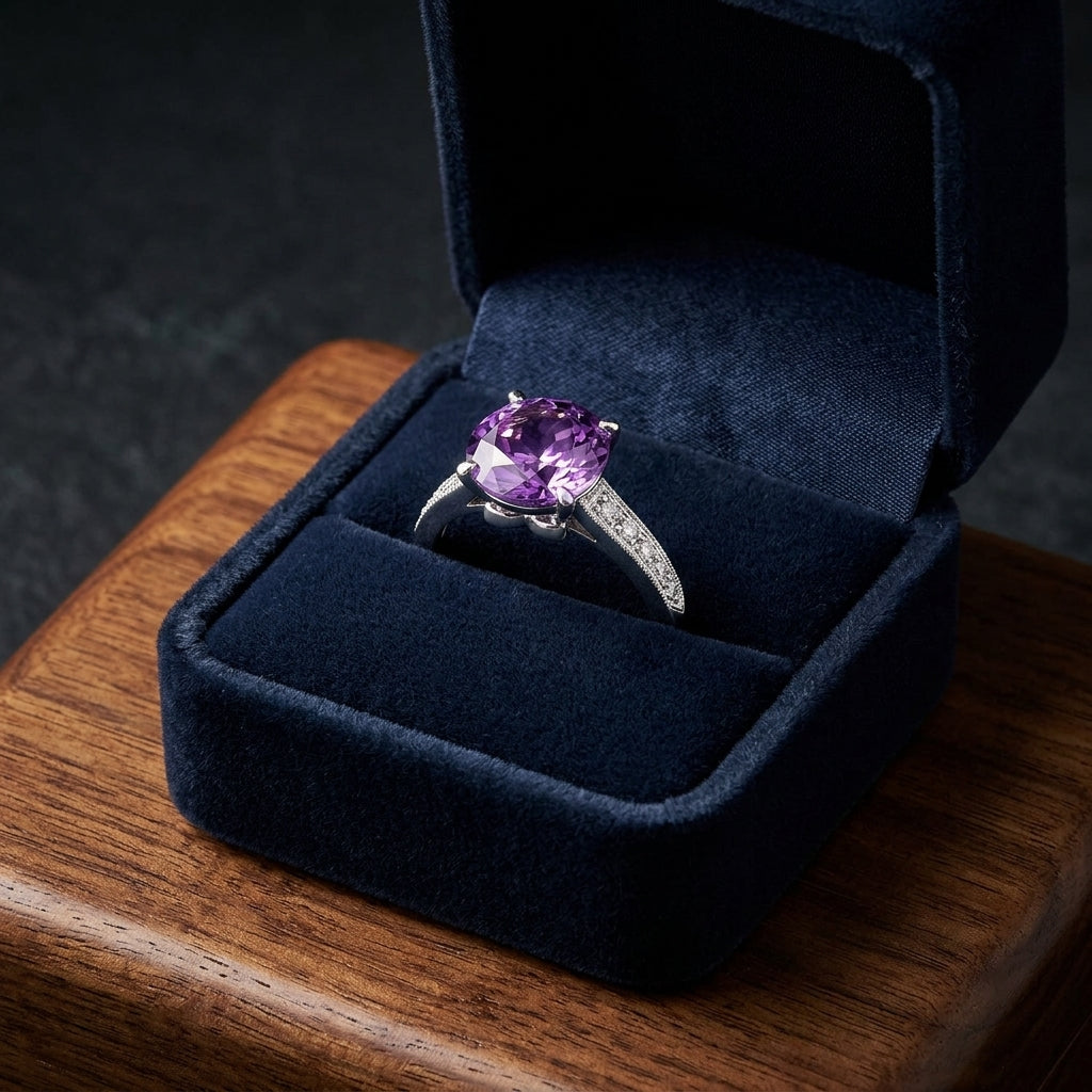 Amethyst Solitaire And Diamond Ring In 14k White Gold — gift presentation