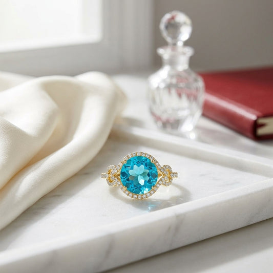 Swiss Blue Topaz And Diamond Double Knot Twist Ring In 14k Yellow Gold — atelier still life