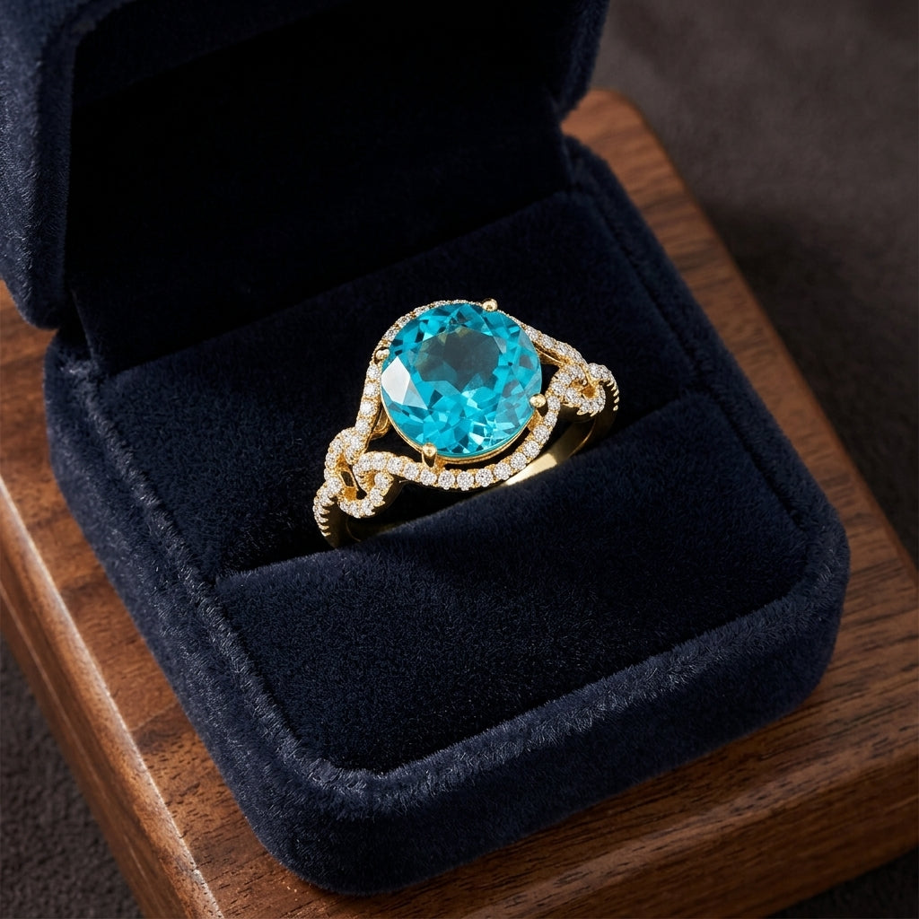 Swiss Blue Topaz And Diamond Double Knot Twist Ring In 14k Yellow Gold — gift presentation