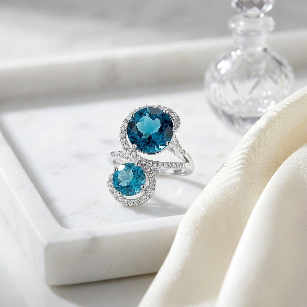 Blue Topaz 2-stone And Diamond Ring In 14k White Gold — atelier still life