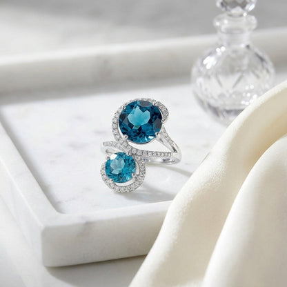 Blue Topaz 2-stone And Diamond Ring In 14k White Gold — atelier still life