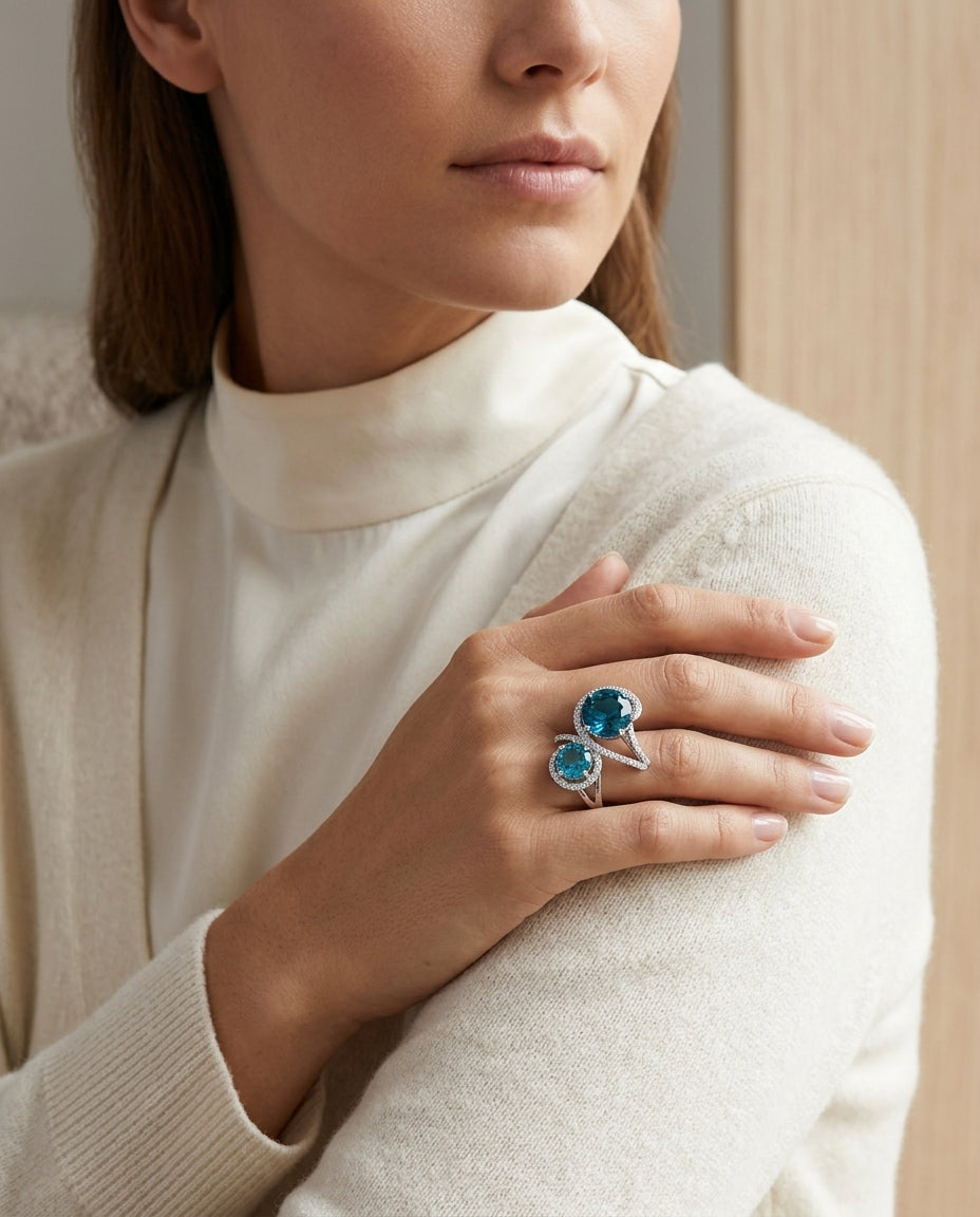 Blue Topaz 2-stone And Diamond Ring In 14k White Gold — editorial close-up