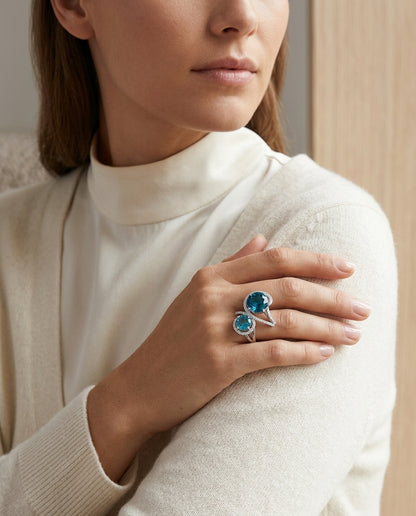 Blue Topaz 2-stone And Diamond Ring In 14k White Gold — editorial close-up