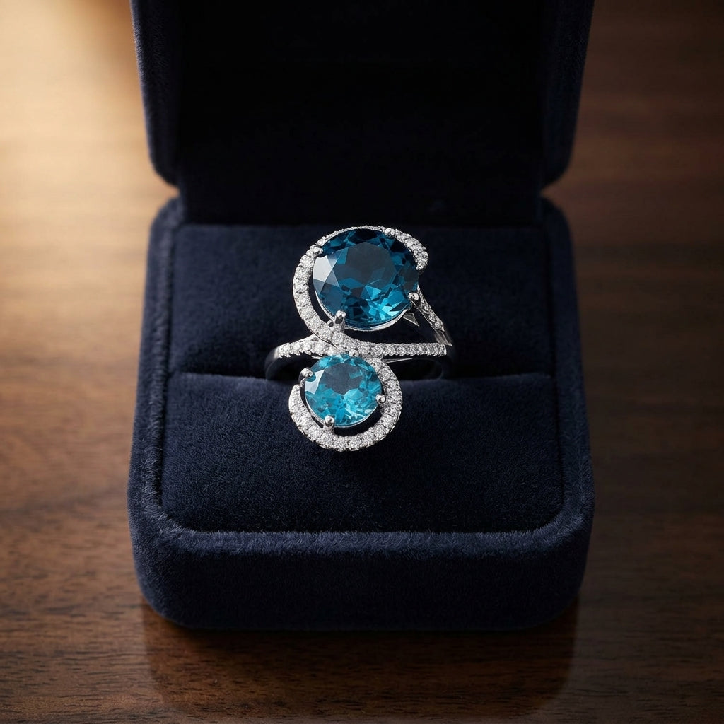Blue Topaz 2-stone And Diamond Ring In 14k White Gold — gift presentation