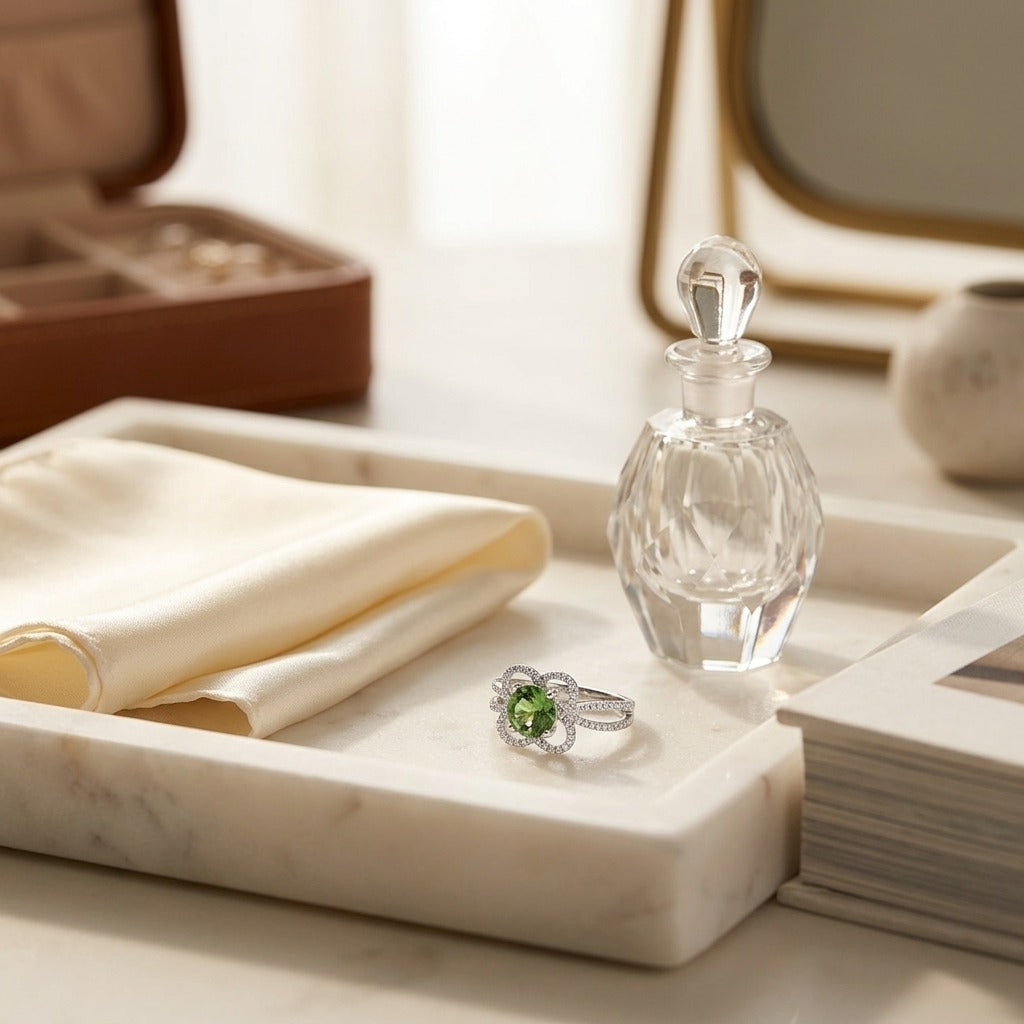 Green Tourmaline and Diamond Flower Basket Ring with Rounded Split Shank in 14k White Gold (6mm) — marble silk