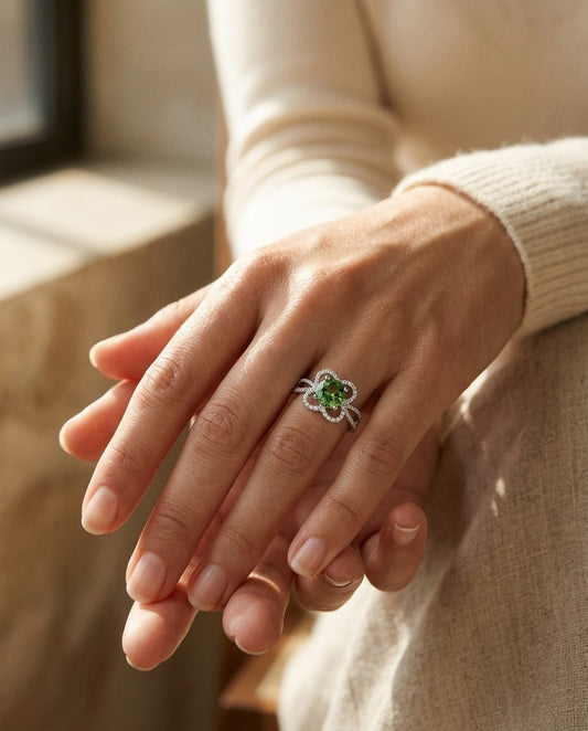Green Tourmaline and Diamond Flower Basket Ring with Rounded Split Shank in 14k White Gold (6mm) — portrait close