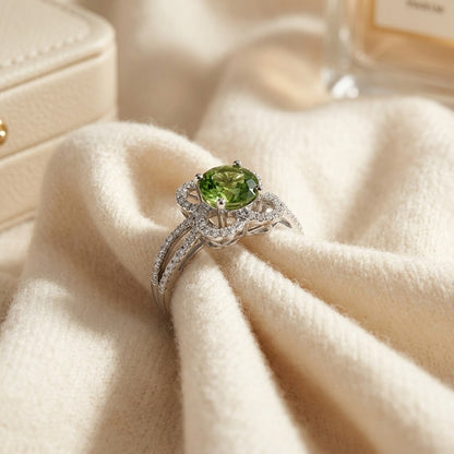 Green Tourmaline and Diamond Flower Basket Ring with Rounded Split Shank in 14k White Gold (6mm) — textile flat lay