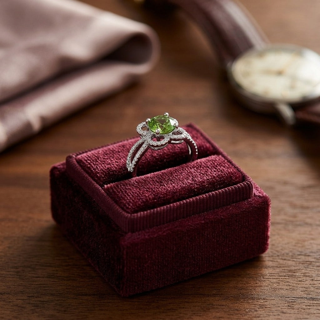 Green Tourmaline and Diamond Flower Basket Ring with Rounded Split Shank in 14k White Gold (6mm) — velvet box