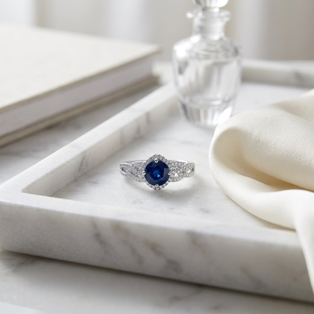 Round Blue Sapphire And Diamond Twisted Halo Ring In 14k White Gold (6.5mm) — atelier still life