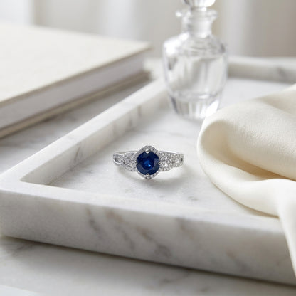 Round Blue Sapphire And Diamond Twisted Halo Ring In 14k White Gold (6.5mm) — atelier still life