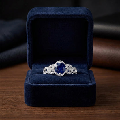 Round Blue Sapphire And Diamond Twisted Halo Ring In 14k White Gold (6.5mm) — gift presentation