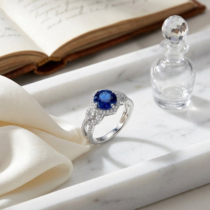 Round Blue Sapphire And Diamond Twisted Halo Ring In 14k White Gold ( Hi/si) (6.5mm) — atelier still life