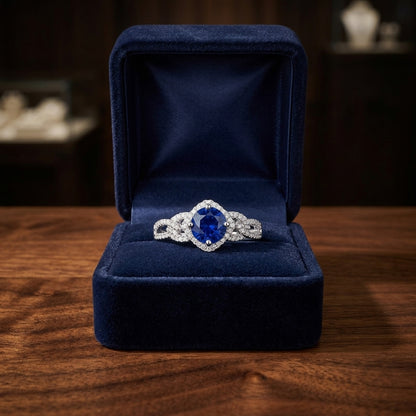 Round Blue Sapphire And Diamond Twisted Halo Ring In 14k White Gold ( Hi/si) (6.5mm) — gift presentation