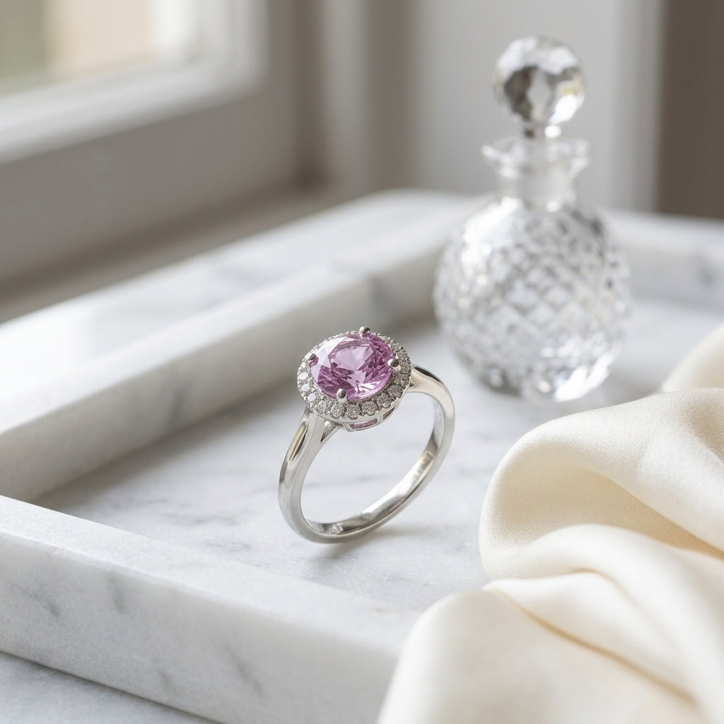 Pink Sapphire Halo Ring In 14k White Gold — atelier still life