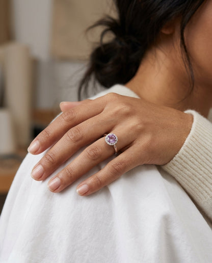 Pink Sapphire Halo Ring In 14k White Gold — editorial close-up