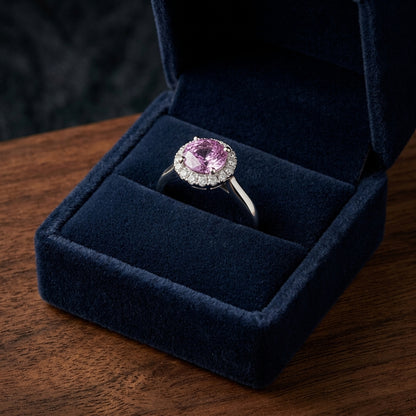 Pink Sapphire Halo Ring In 14k White Gold — gift presentation