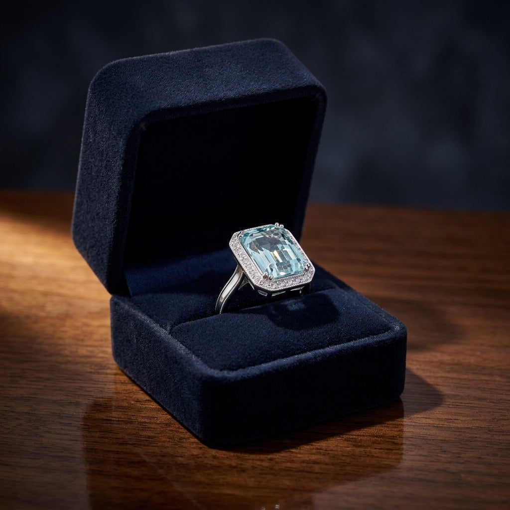 14kw Gold Aquamarine & Diamond Ring — gift presentation