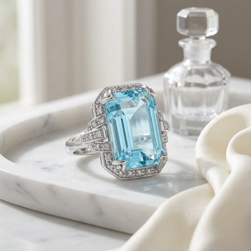 Aquamarine And Diamond Ring In 14k White Gold — atelier still life