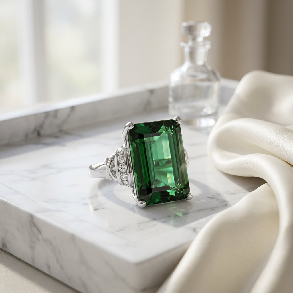 Green Tourmaline And Diamond Ring In 14k White Gold — atelier still life