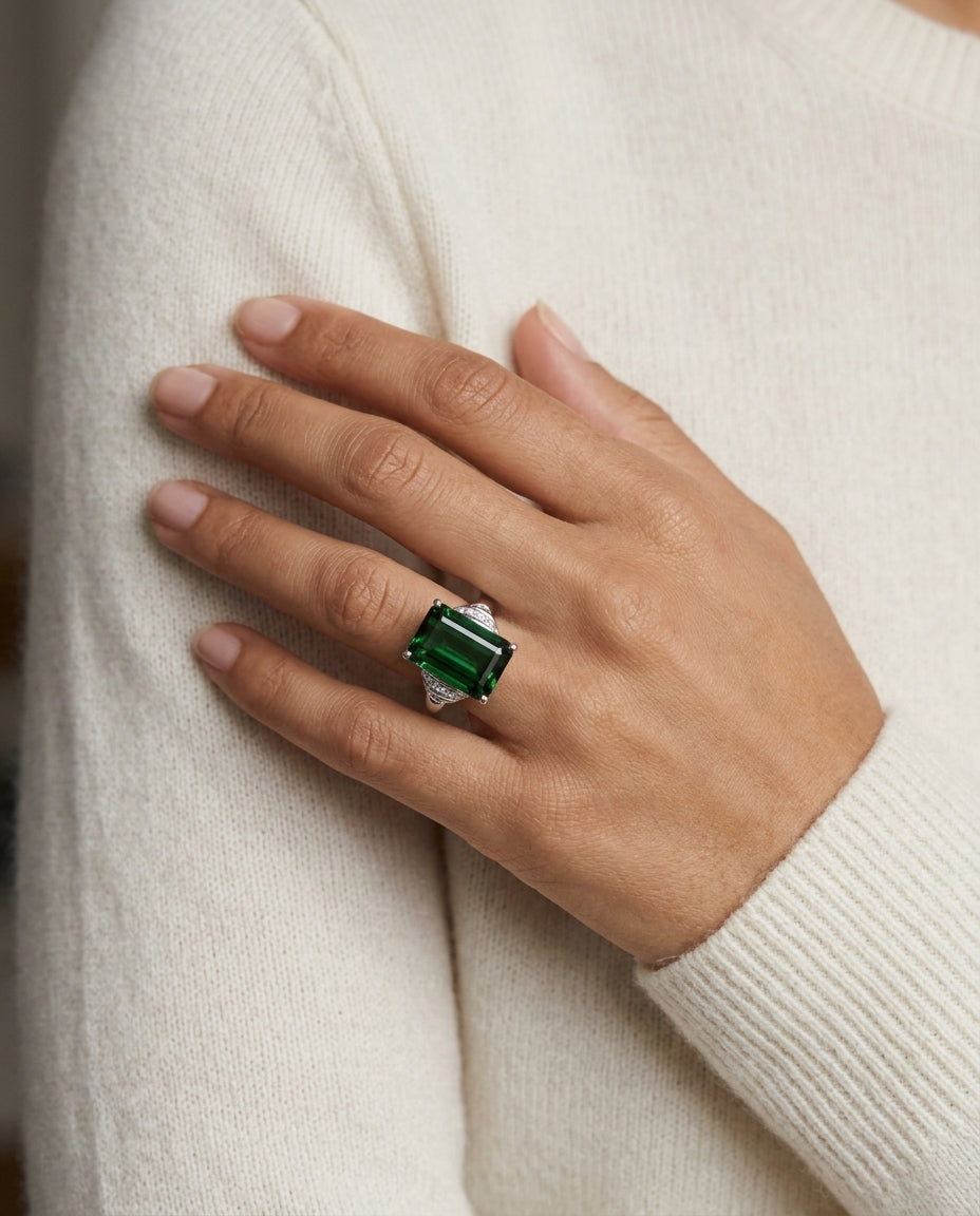 Green Tourmaline And Diamond Ring In 14k White Gold — editorial close-up