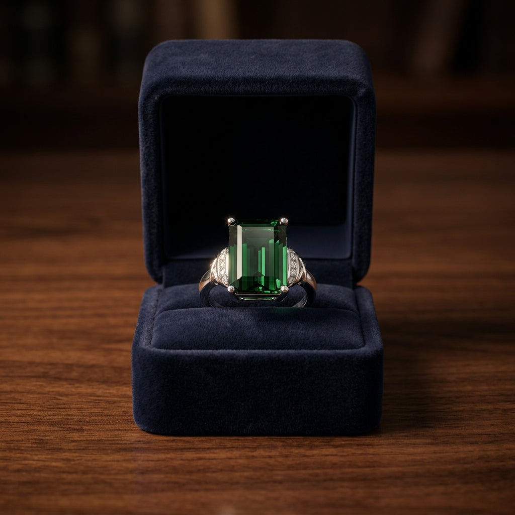 Green Tourmaline And Diamond Ring In 14k White Gold — gift presentation