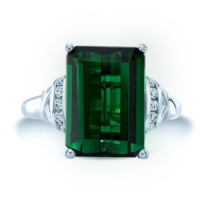 Green Tourmaline And Diamond Ring In 14k White Gold