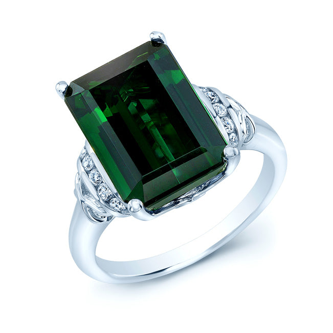 Green Tourmaline And Diamond Ring In 14k White Gold